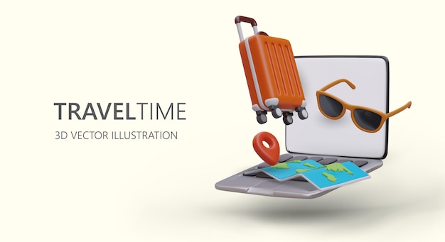 Urlaub auf einem anderen Kontinent Fernkauf von Flugtickets Online-Flugsuche Kennenlernen der Gepäcktransportbedingungen Werbeplakat mit Textteil und 3D-Illustration