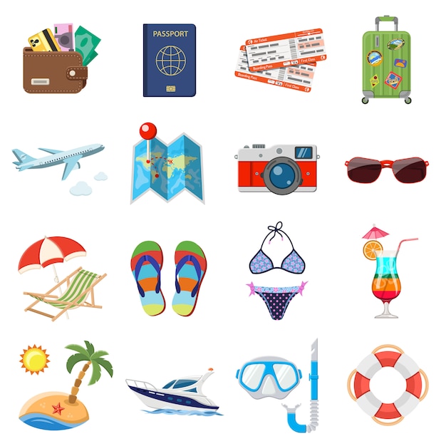 Urlaub und Tourismus flache Icons Set