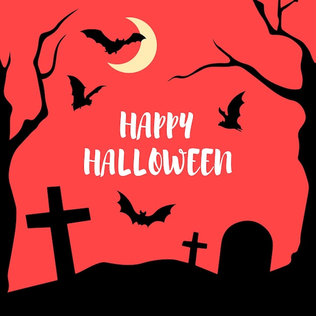 Urlaubspostkarte mit Text Happy Halloween auf dem Hintergrund von Gräbern zwischen Bäumen in der Nacht.