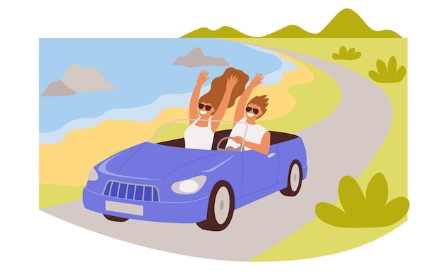Urlaubsreise mit dem Auto Ein Paar fährt in einem Cabrio eine Küstenstraße entlang