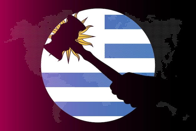 Uruguay-Flagge mit Richterhammer-Korruptionskonzeptgesetz oder Nachrichtenbanner für Rechtsergebnisse