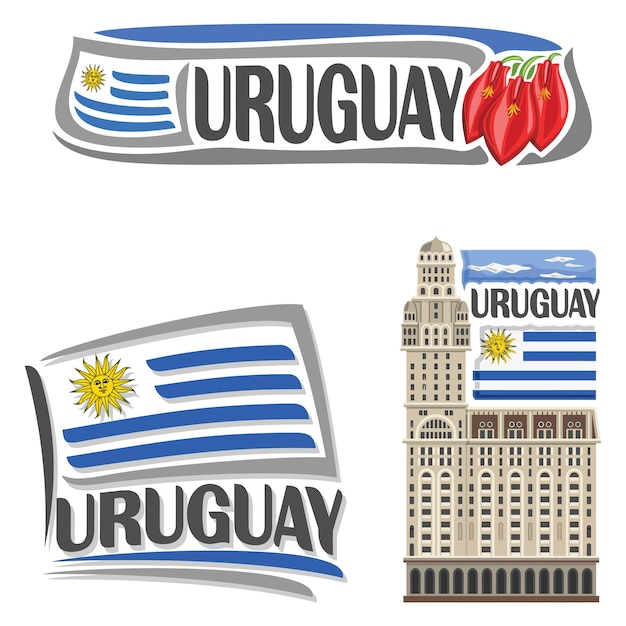 Vektor uruguay-flagge, reise-souvenir, aufkleber, skyline, wahrzeichen, logo, abzeichen, stempel, siegel, emblem, eps