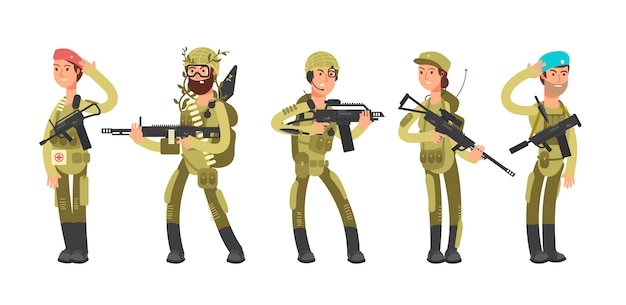 Us army cartoon mann und frau soldaten in uniform. militärische konzept illustration
