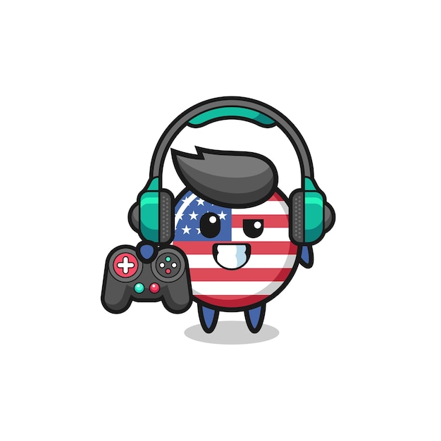 USA-Flaggen-Spieler-Maskottchen, das einen Game-Controller hält, süßes Design