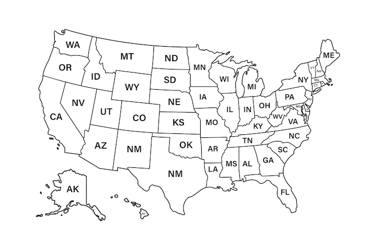 USA Karte Staaten. Vektorliniendesign. Hochdetaillierte USA-Karte. Mit postalischen Abkürzungen beschriftet. Stock-Vektor. ESP 10