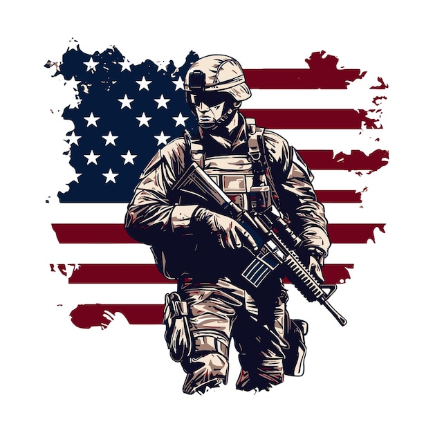 USA-Militär mit verzweifeltem amerikanischen Flaggen 4. Juli-Vektor