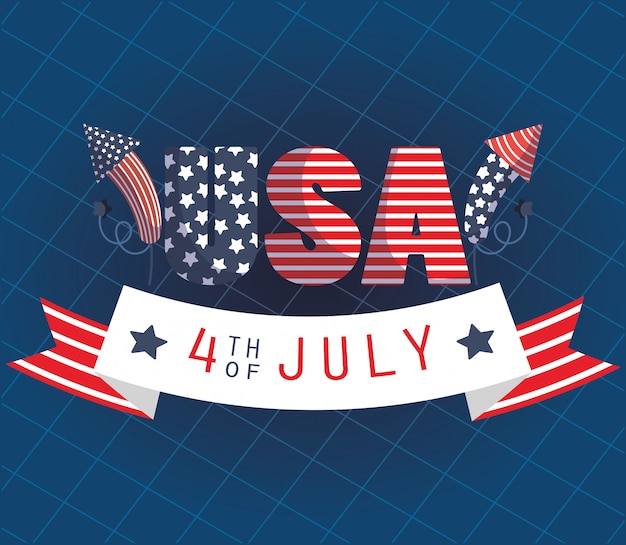 Usa text mit feuerwerk und 4. juli banddesign