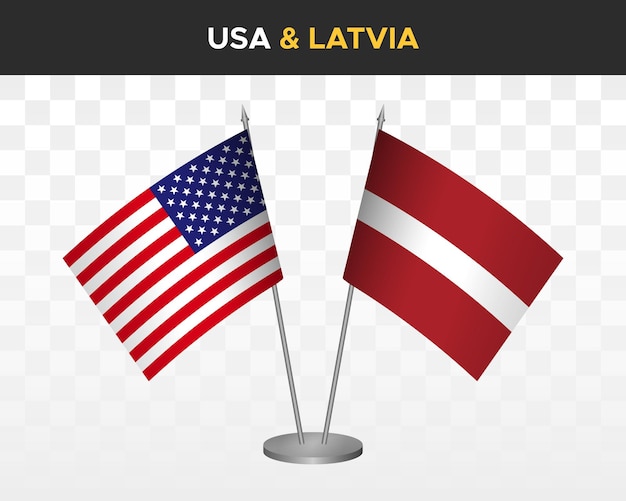 Usa vereinigte staaten amerika gegen lettland tischflaggen mockup 3d-vektorillustration tischflaggen