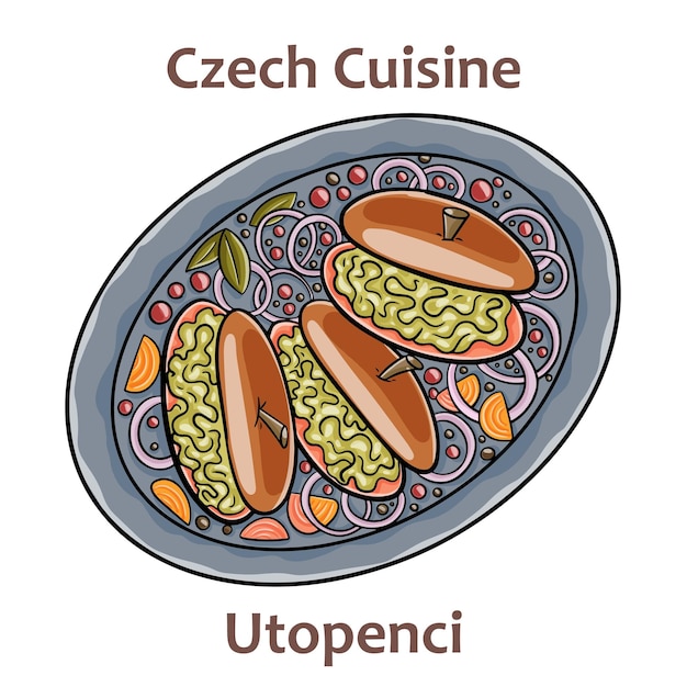 Utopenci Es ist ein Glas mit pikant eingelegten kleinen Würstchen in süßsaurem Essigstock mit gemahlenem schwarzem Pfeffer, in Scheiben geschnittenen Zwiebeln und Lorbeerblättern Tschechisches Essen Vektorbild isoliert