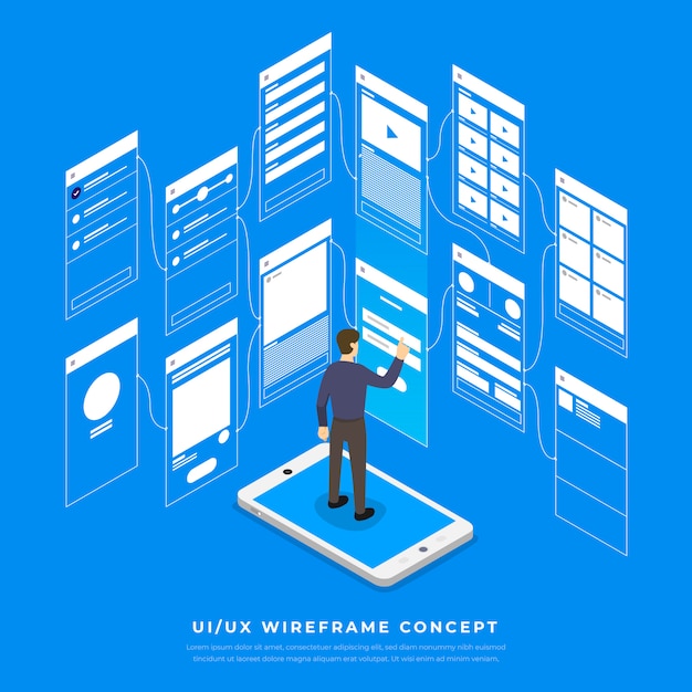 UX UI-Flussdiagramm. s Konzept der mobilen Anwendung isometrisch. Illustration.