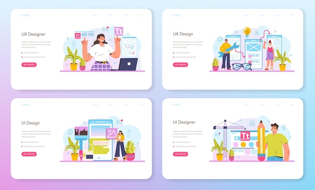 UX- und UI-Designer-Webbanner oder Landingpage-Set. Verbesserung der App-Oberfläche