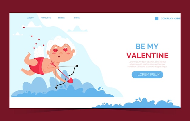 Valentine cupid love angel landing page. netter junge oder mädchen amor. fliegende engelsliebe, die herzumschlag hält.