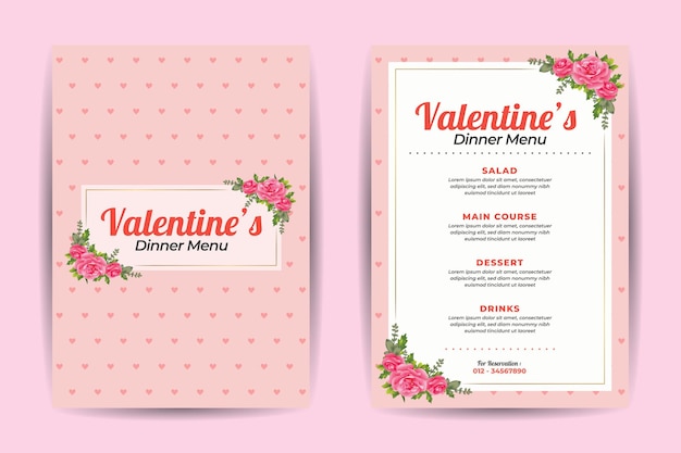 Valentines dinner menu vorderseite rückseite vorlagendesign