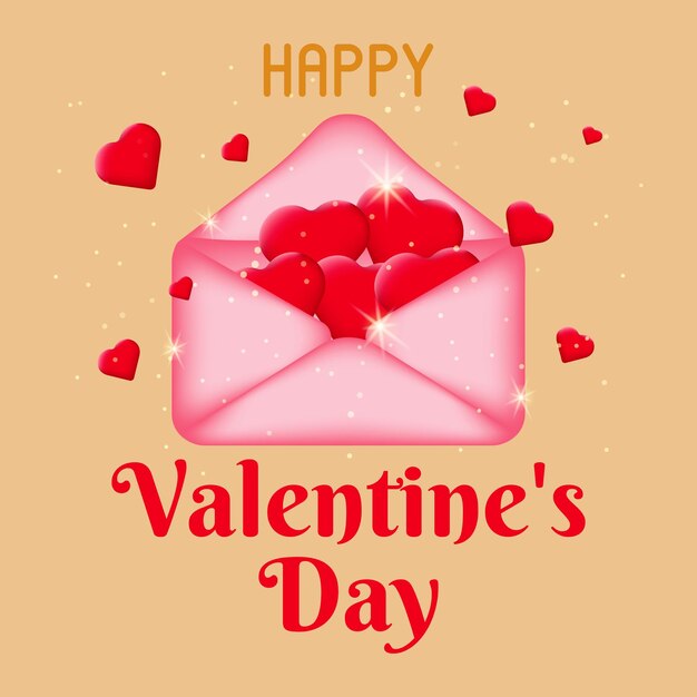 Valentinskarte mit einem rosa briefumschlag voller roter herzen. liebesbotschaftssymbol. postkarte.