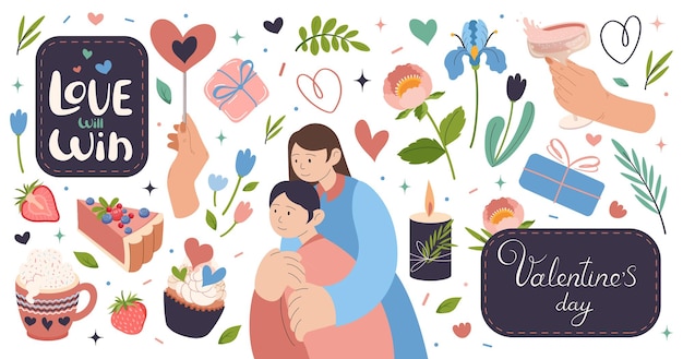 Valentinstag 14. Februar Set Elemente Paar Umarmungen Liebe Herz Geschenk Illustration für Aufkleber