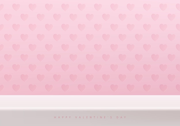 Vektor valentinstag-3d-hintergrund mit pastellrosa herzmuster-wandszene. weißes podium oder schreibtisch