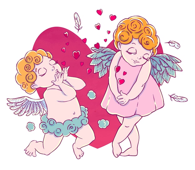 Valentinstag. Amor-Boy Cloud Hose kniete und bläst Küsse und Herzen. Engelpaar.