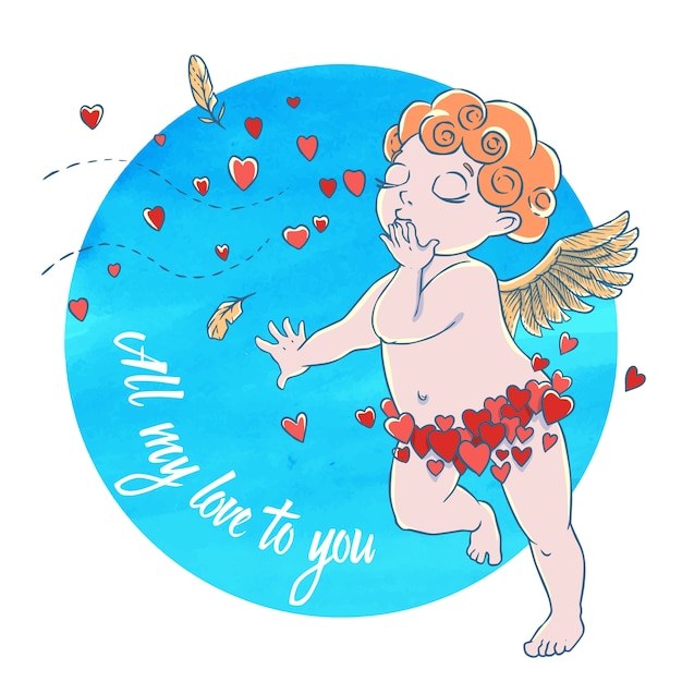 Valentinstag. Amorjunge in den Herzhosen und durchbrennende Küsse und Herzen auf Aquarellkreis