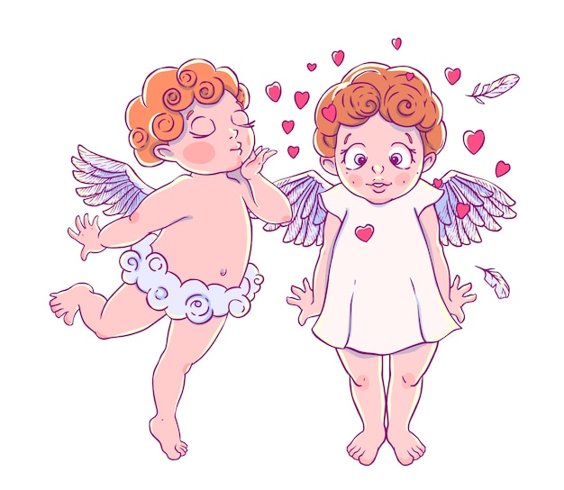 Valentinstag. Amorjungenwolkenhosen, die Küsse und Herzen zu überraschtem Mädchen durchbrennen. Ein paar Engel.
