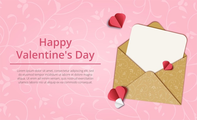 Valentinstag-banner mit umschlag und leeres blatt papier und herzen realistisches 3d-bild