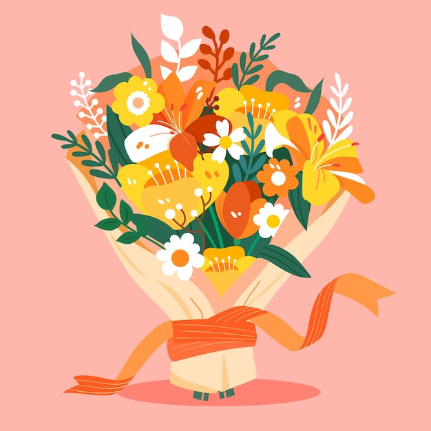 Valentinstag blumenstrauß mit pflanzen in der hintergrundvektorillustration