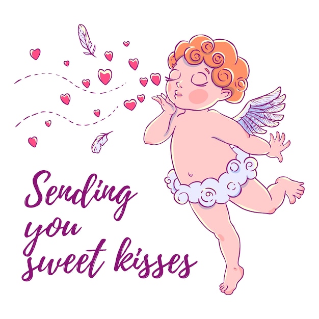 Valentinstag. Cupid-Boy in Wolkenhosen und bläst Küsse und Herzen