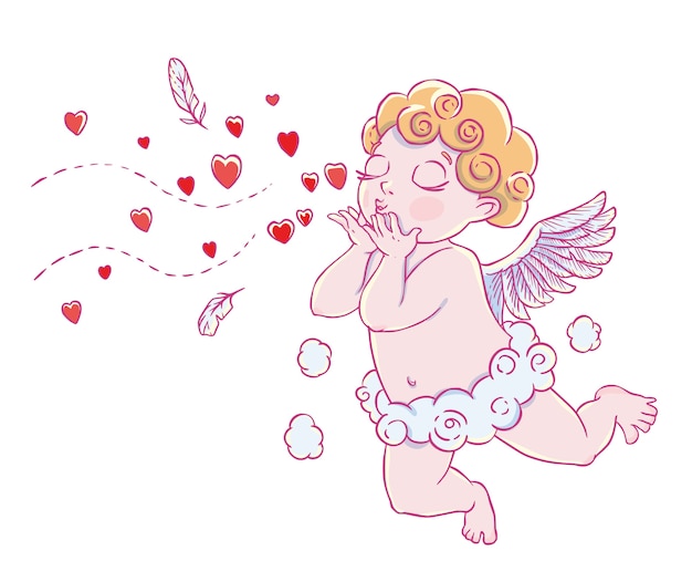 Valentinstag. Cupid-Boy in Wolkenhosen und bläst Küsse und Herzen
