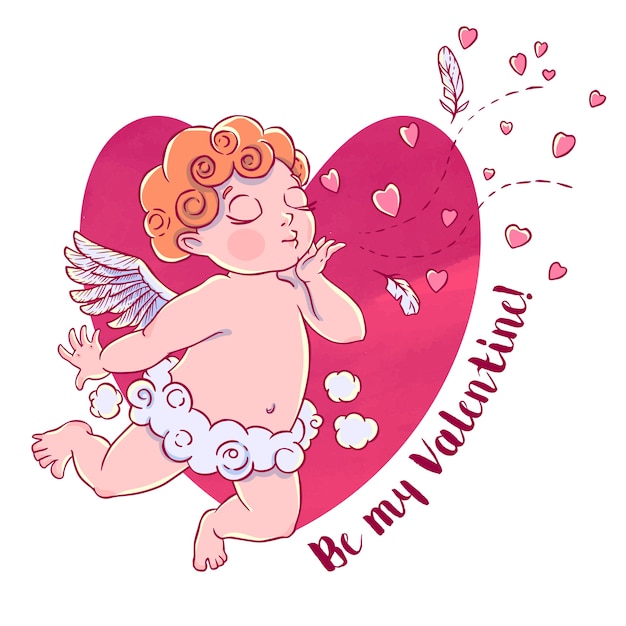 Vektor valentinstag. cupid-boy in wolkenhosen und bläst küsse und herzen