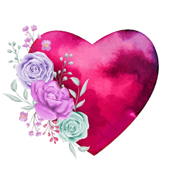 Valentinstag dekoratives Aquarell Blumenherz mit Blumen