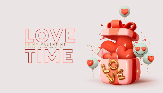 Vektor valentinstag-design. realistische 3d-rosa-geschenkboxen. offene geschenkbox voller dekorativer festlicher gegenstände. urlaubsbanner, webposter, flyer, stilvolle broschüre, grußkarte, cover. romantischer hintergrund