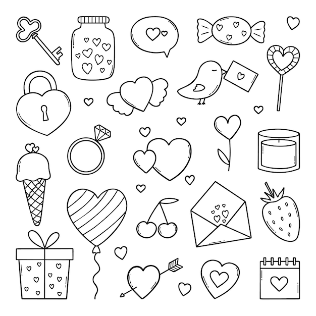 Valentinstag-doodle-set liebeselemente im skizzenstil