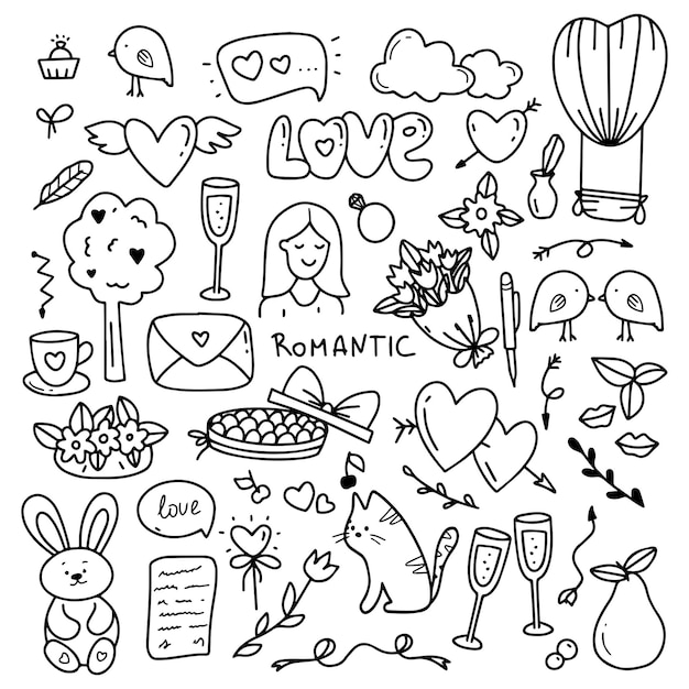 Valentinstag-doodle-set, objekte für konzept und design, vektor-illustration flach.