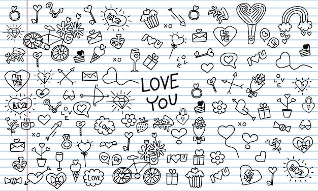 Valentinstag-Doodle und ich liebe dich für ein glückliches Herz. Schwarz-weißes T-Shirt-Druck-Doodle-Vektordesign
