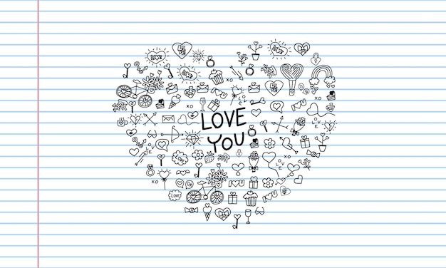 Vektor valentinstag-doodle und ich liebe dich für ein glückliches herz. schwarz-weißes t-shirt-druck-doodle-vektordesign
