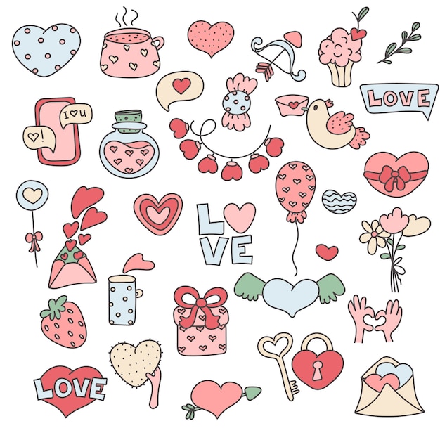 Valentinstag eingestellt. Liebe Urlaub. Bündel von Valentinstag isolierte Objekte im Doodle-Stil.