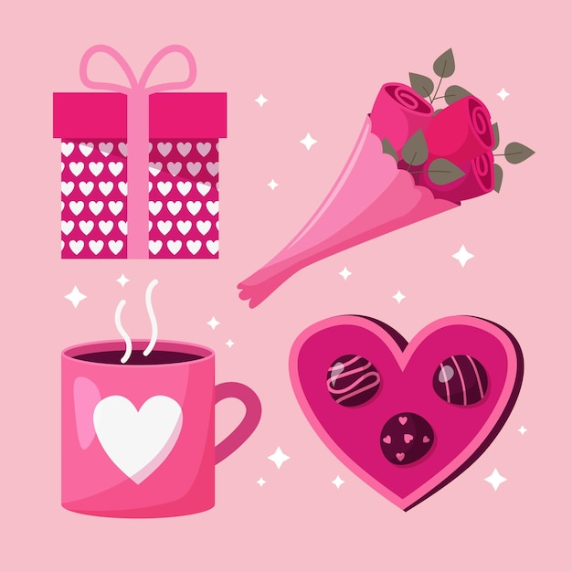 Valentinstag-element-sammlung rosenstrauß geschenk rosa herz tasse und pralinenschachtel