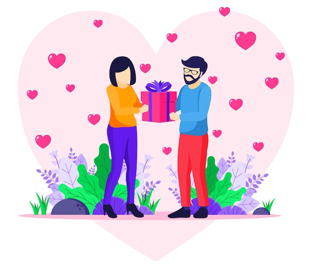 Valentinstag Feier, Liebender Mann geben Frau Geschenk. Paar feiert Valentinstag Illustration