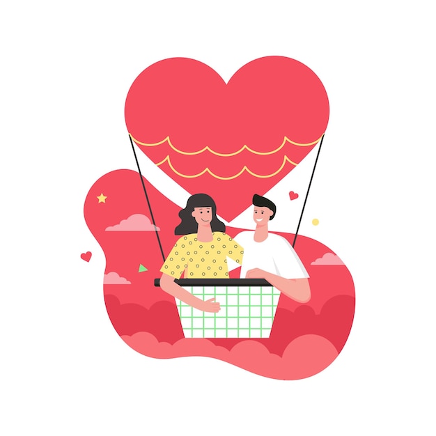 Valentinstag feier modernes flaches konzept. liebender mann und frau fliegen im romantischen urlaub auf einem heißluftballon in großer herzform. vektorillustration mit personenszene für web-banner-design