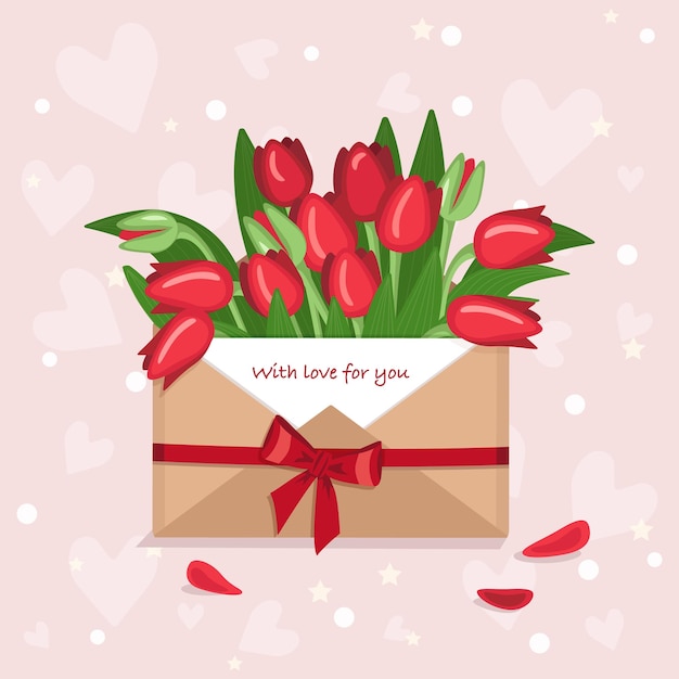Valentinstag festliche dekoration tulpen in einem bastelumschlag mit einer liebesnotiz und herzanhängern a...