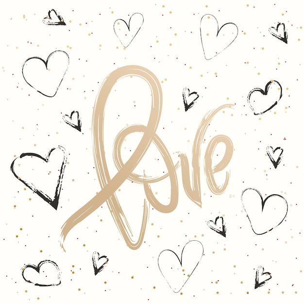 Valentinstag-Grußkarte mit handgezeichneten Herzen auf dem Hintergrund Liebestext-Poster-Vektorillustration