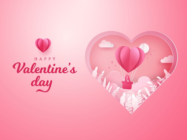 Valentinstag Grußkarte. romantisches Paar küsst und steht in einem Korb eines Luftballons mit geschnitztem Herzen