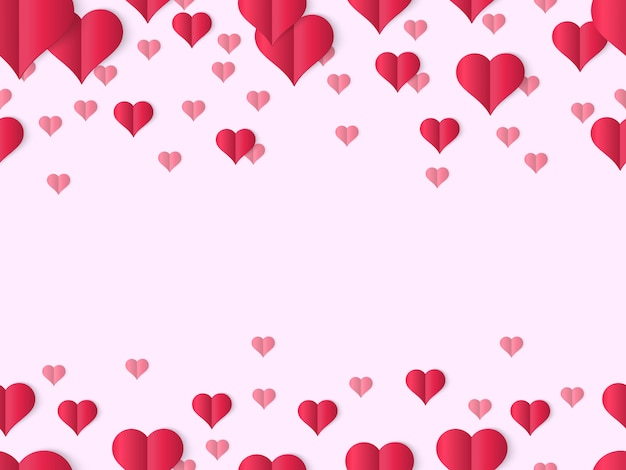 Valentinstag Herz Banner. Dekorative Valentinstag-Liebesgrenzen, niedliche Papierelementform des Herzens, gefalteter Papierherzhintergrund. Rosa Hintergrund der Postkarte mit herzförmigen Objekten