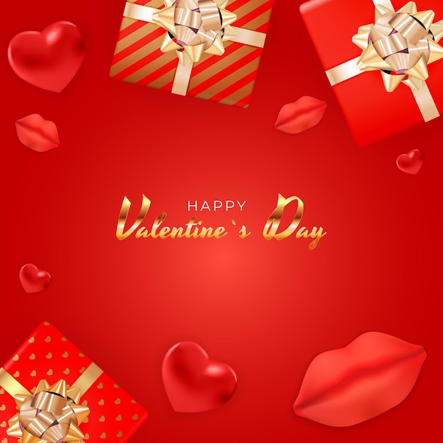 Valentinstag hintergrund design mit realistischen lippen und herzen, geschenkbox.