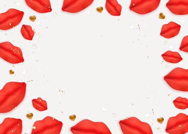 Valentinstag hintergrund design mit realistischen lippen und herzen.