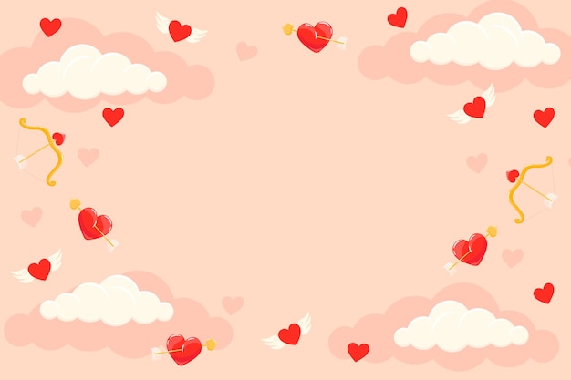 Vektor valentinstag hintergrund mit fliegenden herzen bogen pfeil und wolken rosa vektor illustration der liebe