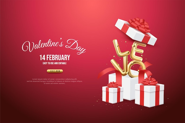 Valentinstag Hintergrundillustration einer offenen Geschenkbox mit goldener Liebesschrift.