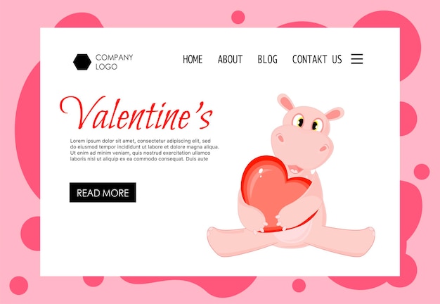 Valentinstag-homepage-vorlage mit nilpferd. cartoon-stil. vektor-illustration.