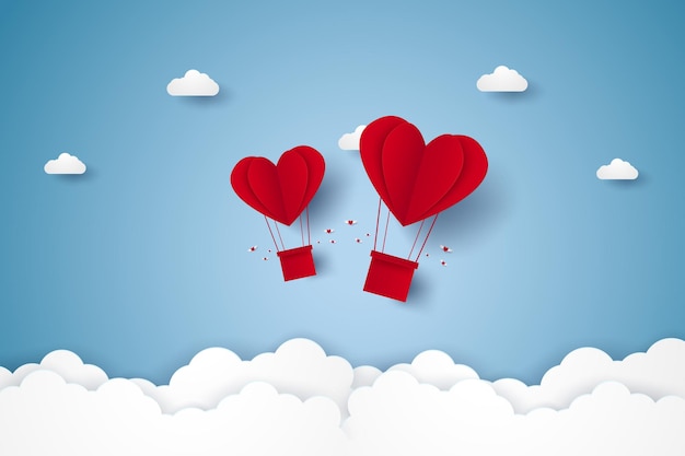 Valentinstag illustration der heißluftballons des roten herzens der liebe, die in den himmelpapierkunststil fliegen