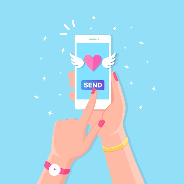 Vektor valentinstag illustration. senden oder empfangen sie liebes-sms, briefe, e-mails mit dem handy. weißes handy in der hand auf hintergrund. fliegendes rotes herz mit flügeln.