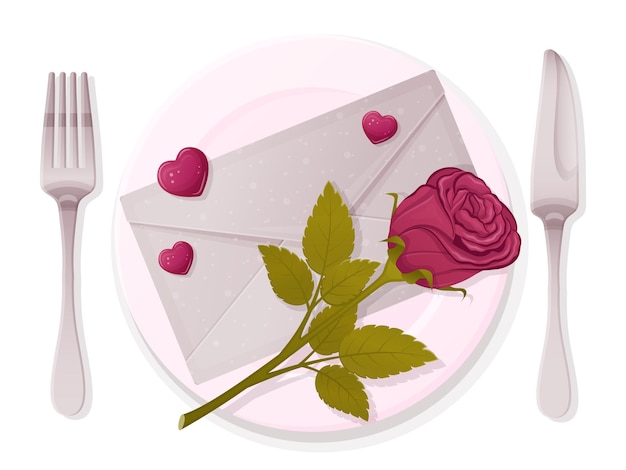 Valentinstag-Karte Umschlag und rotes Herz auf Teller und Besteck besonderes Abendessen Vektor-Illustration